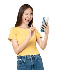Beautiful Asian woman holding smartphone and smiling on png background.