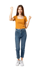 Happy smiling young woman wearing casual orange t-shirt with shows raise fist, isolated on png...