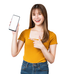 Beautiful Asian woman holding smartphone mockup of blank screen and smiling on png background.