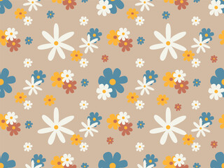 Retro seamless pattern with flowers. 70s hippie wallpaper, psychedelic groovy elements. Cartoon funky flowers. Vintage hippy style.  Generative AI
