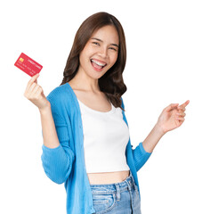 Cheerful beautiful Asian woman holding mockup credit card on png background.