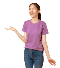 Happy smiling young woman wearing casual purple t-shirt with shows hand to the side, isolated on png background.