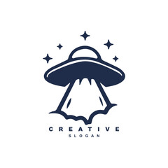Premium night flying UFO logo design. space ship vector illustration