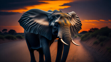 Fototapeta na wymiar elephant at sunset generative AI