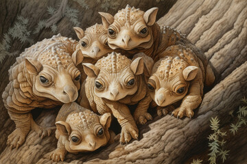 A pack of baby Protoceratops cautiously huddling together beneath a large tree.. AI generation. Generative AI