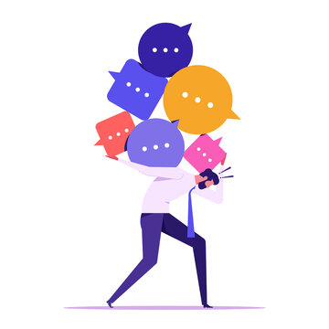 Communication problem or overload, too many messages, businessmen withstand pressure on speech bubble