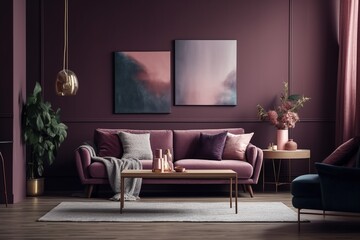 Purple Living Room Interior - Cozy and Sophisticated Space Created with Generative AI