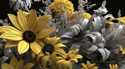 Flores amarillas y en blanco y negro - obrazy, fototapety, plakaty