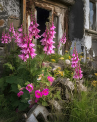 Bright pink foxgloves and daisies spring forth from an old bomber their beauty in stark contrast to its worn exterior. Abandoned landscape. AI generation. Generative AI