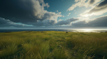 green grass field with lake and cloudy sky. Generative Ai