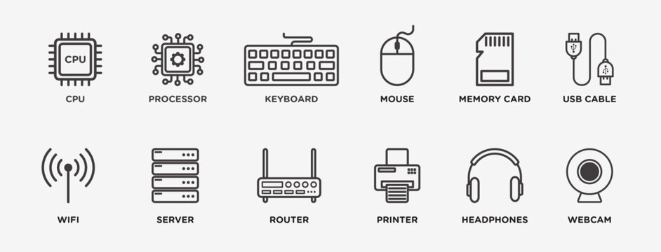 Computer components icon set. CPU, processor, keyboard, mouse, memory card, USB cable, wifi, server, router, printer, headphones, and webcam outlined vector icon collection