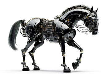 Image of a horse modified into a electronics robot on a white background. Wildlife Animal. illustration, generative AI.