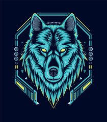 blue wolf with futuristic background design template