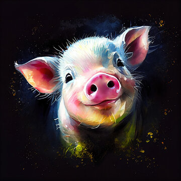 Watercolor portrait cute cub pig, animal illustration, colorful oil painting on black background, generative ai