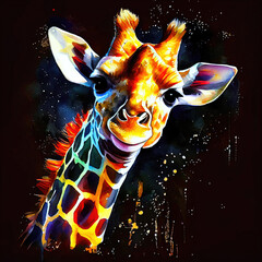 Watercolor portrait cute cub giraffe, animal illustration, colorful oil painting on black background, generative ai