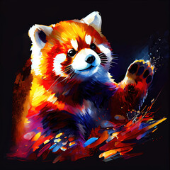 Watercolor portrait cute cub red panda, animal illustration, colorful oil painting on black background, generative ai