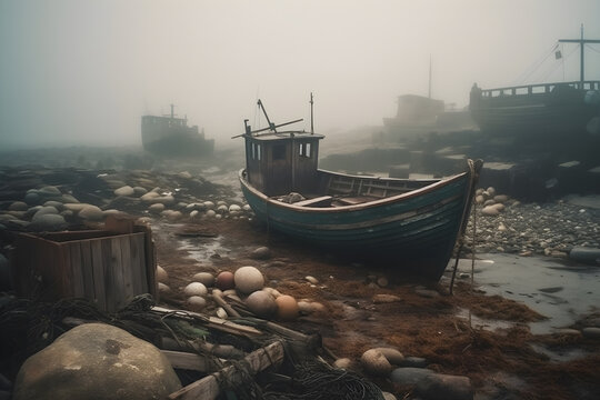 Abandoned Fishing Boats on a Quiet and Serene Beach