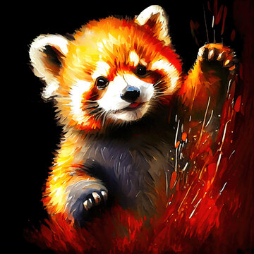 Watercolor portrait cute cub red panda, animal illustration, colorful oil painting on black background, generative ai