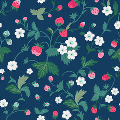 Strawberry background with flowers, wild berries, leaves. Vector seamless texture, illustration for summer cover, botanical wallpaper pattern, dark background.
