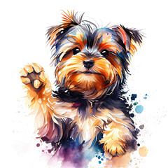 Naklejka premium Watercolor portrait cute puppy Yorkshire Terrier, animal illustration, colorful oil painting isolated on white background, generative ai