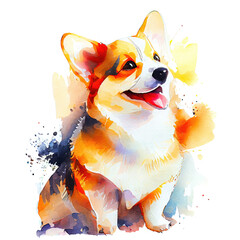 Watercolor portrait cute Pembroke Welsh Corgi, animal illustration, colorful oil painting isolated on white background, generative ai