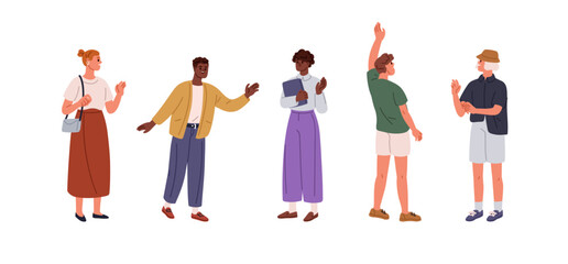Happy people greeting with hi gesture, waving with hand. Smiling friendly excited men, women welcoming, saying hello with positive emotion. Flat vector illustration isolated on white background © Good Studio