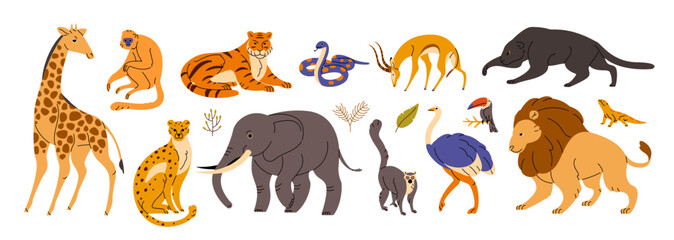 Wild savannah animals set. Tropical savanna and jungle habitats. Kids African zoo. Giraffe, elephant, tiger, monkey, lion, cheetah and ostrich. Flat vector illustrations isolated on white background © Paper Trident