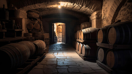 Fototapeta na wymiar Dark stone cellar and wooden barrels of wine. Generative AI