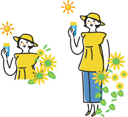 真夏の水分補給　ひまわりと太陽　女性バージョン　セット　イラスト素材

