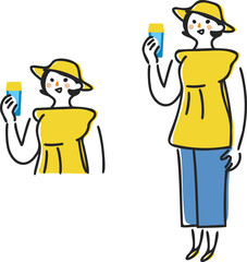 真夏の水分補給　女性バージョン　セット　イラスト素材
