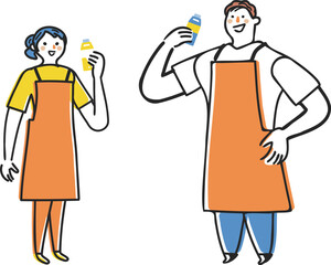 真夏の水分補給　向かい合って水分補給するエプロン姿の店員　セット　イラスト素材
