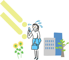 オフィス街で真夏の日光を浴びるビジネスパーソンの女性　イラスト素材
