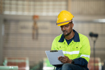 Black male engineer in uniform inspection warehouse and check control heavy machine construction installation in industrial factory. technician worker check for repair maintenance operation system