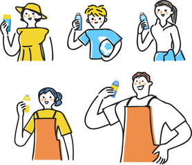 水分補給のため手にペットボトルを持つ人々　セット　イラスト素材
