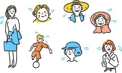 汗をかく様々な人々　セット　イラスト素材

