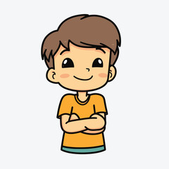 Cartoon cute boy stands in a confident pose, arms crossed over his chest. Colorful vector isolated kids illustration.