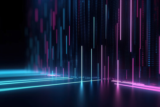 Futuristic 3D abstract background with lines, lights, and reflections in pink and blue colors on a black background