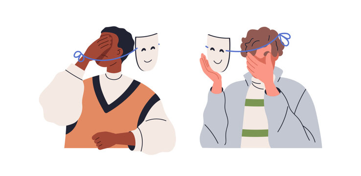 Hypocrite communication, hypocrisy concept. Hiding real negative emotions behind fake smiling friendly masks. Mutual dishonesty in relationship. Flat vector illustration isolated on white background
