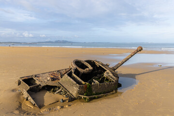 Abandoned army tank M18 Hellcat on Oucuo Beach in Kinmen Island
