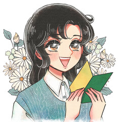 少女漫画のヒロイン風・初心者マークをもったお姉さん