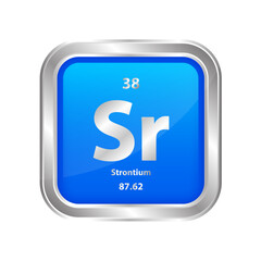 Icon structure Strontium (Sr) number 38 chemical element square blue line silver. Periodic table. Sign with atomic number. Study in science for education. 3D vector illustration.	