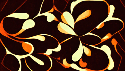 Floral print abstract background. Intricate swirl. Brown orange beige color lines flowers petals ornament on dark art illustration.