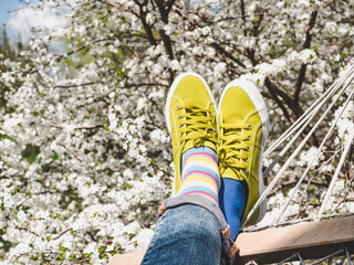 Trendy sneakers and colorful socks on the background of flowering trees. Closeup, outdoors. Men's and women's fashion style. Beauty and elegance concept