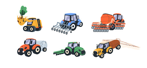 Agriculture machines, farm tractors, farmland machinery set. Agricultural farming transport of different types for crop cultivation. Flat graphic vector illustrations isolated on white background © Good Studio