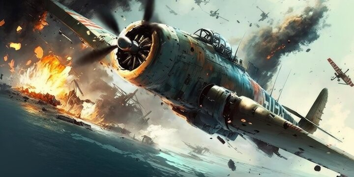 World war II fighter plane battle in dogfight in the sky. superlative generative AI image. Generative AI