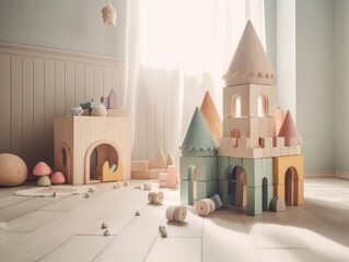 simple minimalist toy castle of the princess in kids room, soft pink pastel colors, bright sunlight from window, generative ai
