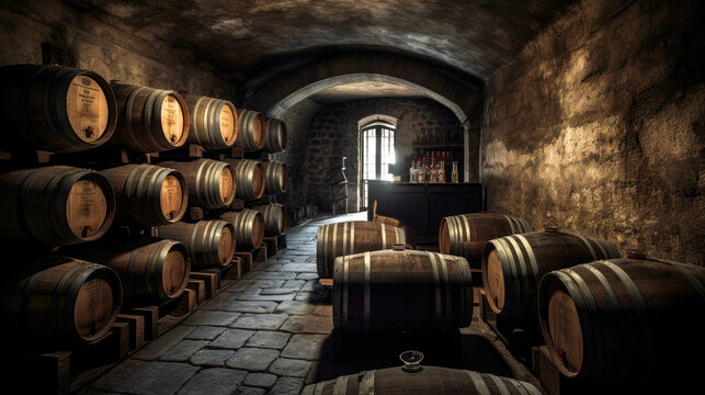 Dark stone cellar and wooden barrels of wine. Generative AI