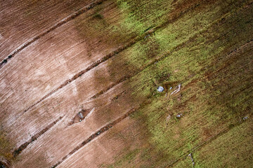 Aerial view of a plowed field.