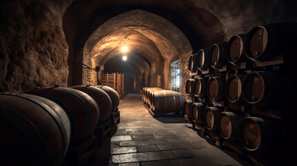 Fototapeta na wymiar Dark stone cellar and wooden barrels of wine. Generative AI