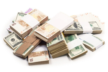 Stack of US dollar notes. bundles of United States currency notes isolated on white background